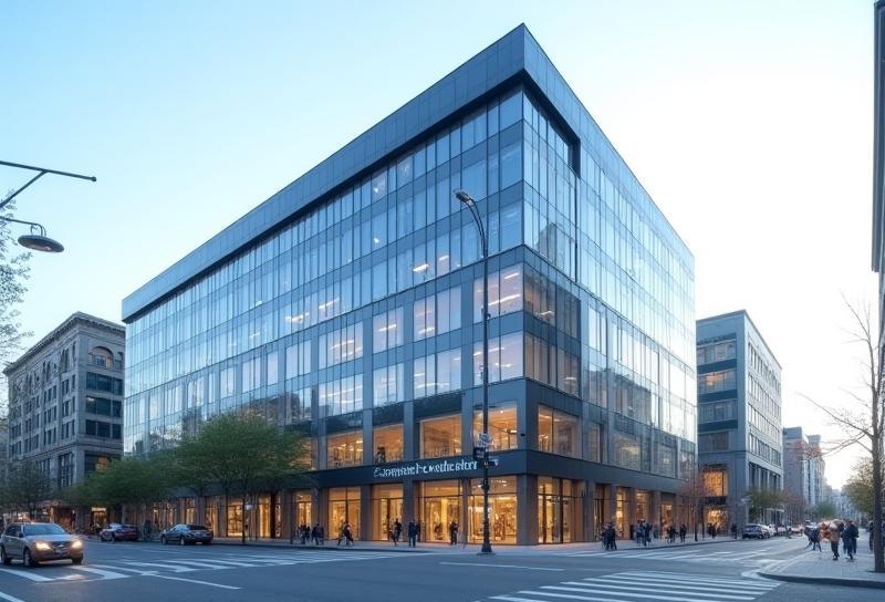 Exterior view of the modern Harmony Foods Japan office building in Chiyoda Ward, Tokyo, under a bright sky.