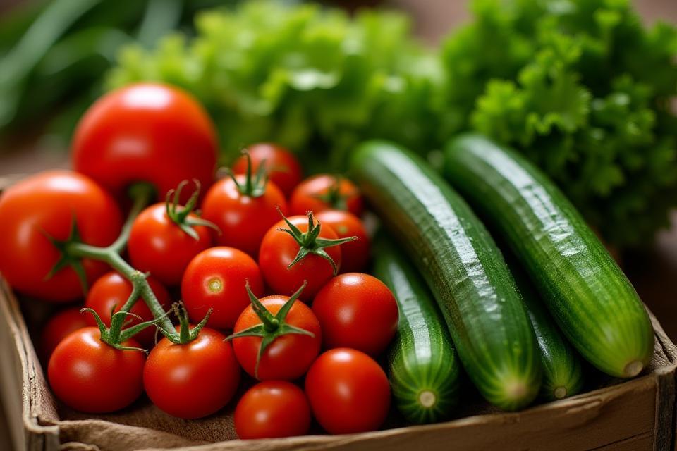 Assortment of fresh, vibrant Japanese produce including tomatoes, cucumbers, and leafy greens, symbolizing quality and freshness.